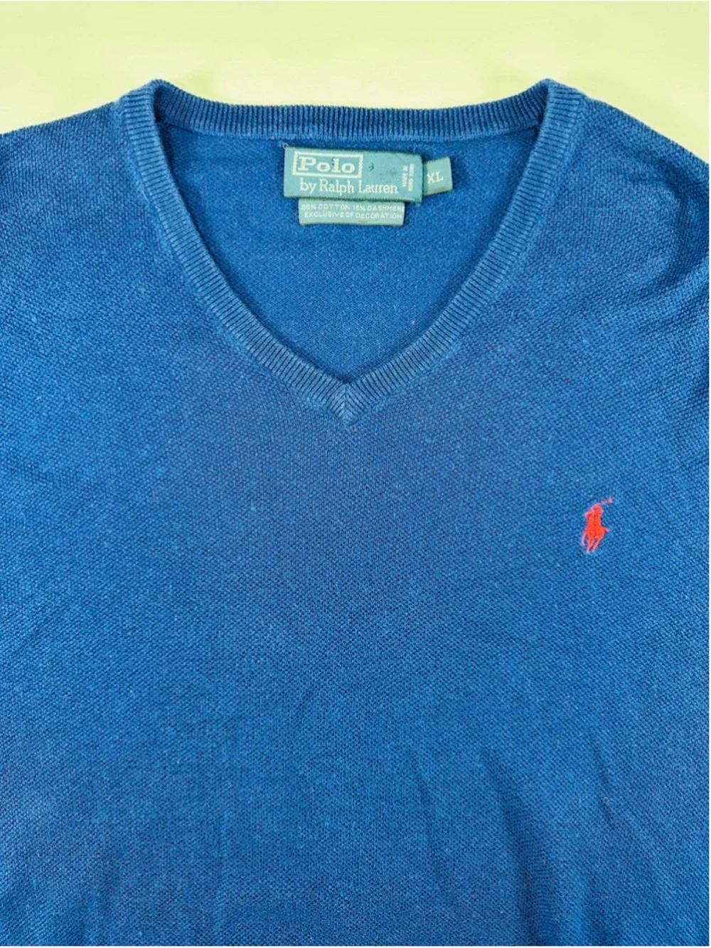 Vintage Polo Ralph Lauren Blue Cotton Cashmere V-Neck Sweater XL Red Pony